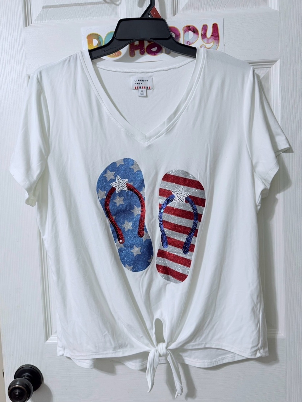 White V-Neck Tie-Front Tee w/ Red & Blue Flip-Flop Sequin Graphic